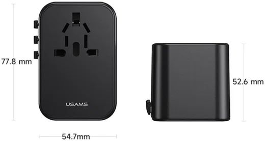 USAMS Wereldstekker 65W EU / UK / VS / AU 2x USB-C - USB-A PD Zwart afbeelding 3