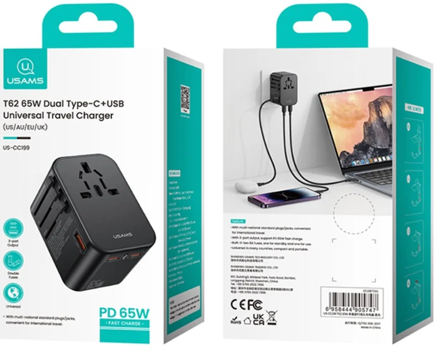 USAMS Wereldstekker 65W EU / UK / VS / AU 2x USB-C - USB-A PD Zwart afbeelding 12