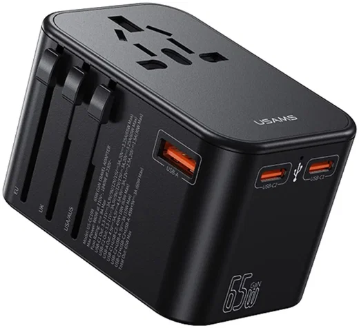 USAMS Wereldstekker 65W EU / UK / VS / AU 2x USB-C - USB-A PD Zwart afbeelding 9