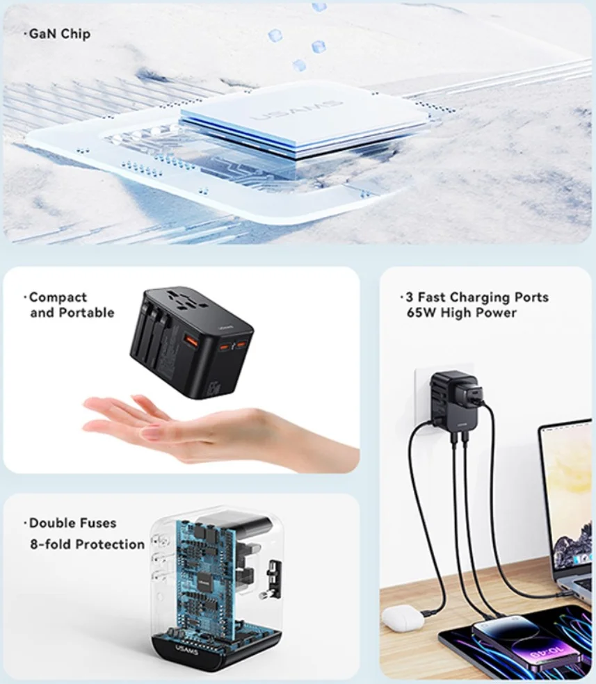 USAMS Wereldstekker 65W EU / UK / VS / AU 2x USB-C - USB-A PD Zwart afbeelding 8