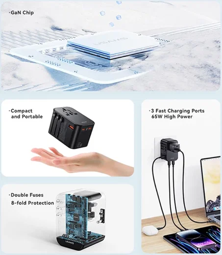 USAMS Wereldstekker 65W EU / UK / VS / AU 2x USB-C - USB-A PD Zwart afbeelding 8