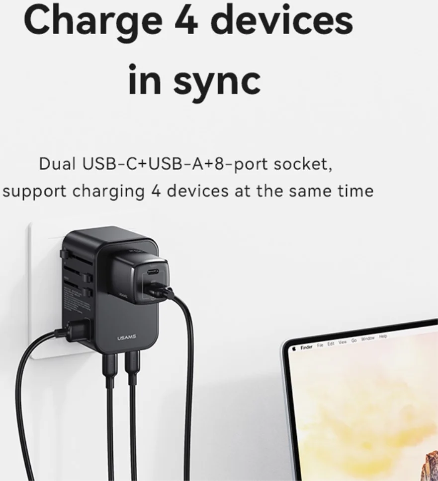 USAMS Wereldstekker 65W EU / UK / VS / AU 2x USB-C - USB-A PD Zwart afbeelding 4