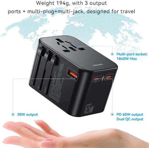 USAMS Wereldstekker 65W EU / UK / VS / AU 2x USB-C - USB-A PD Zwart afbeelding 5