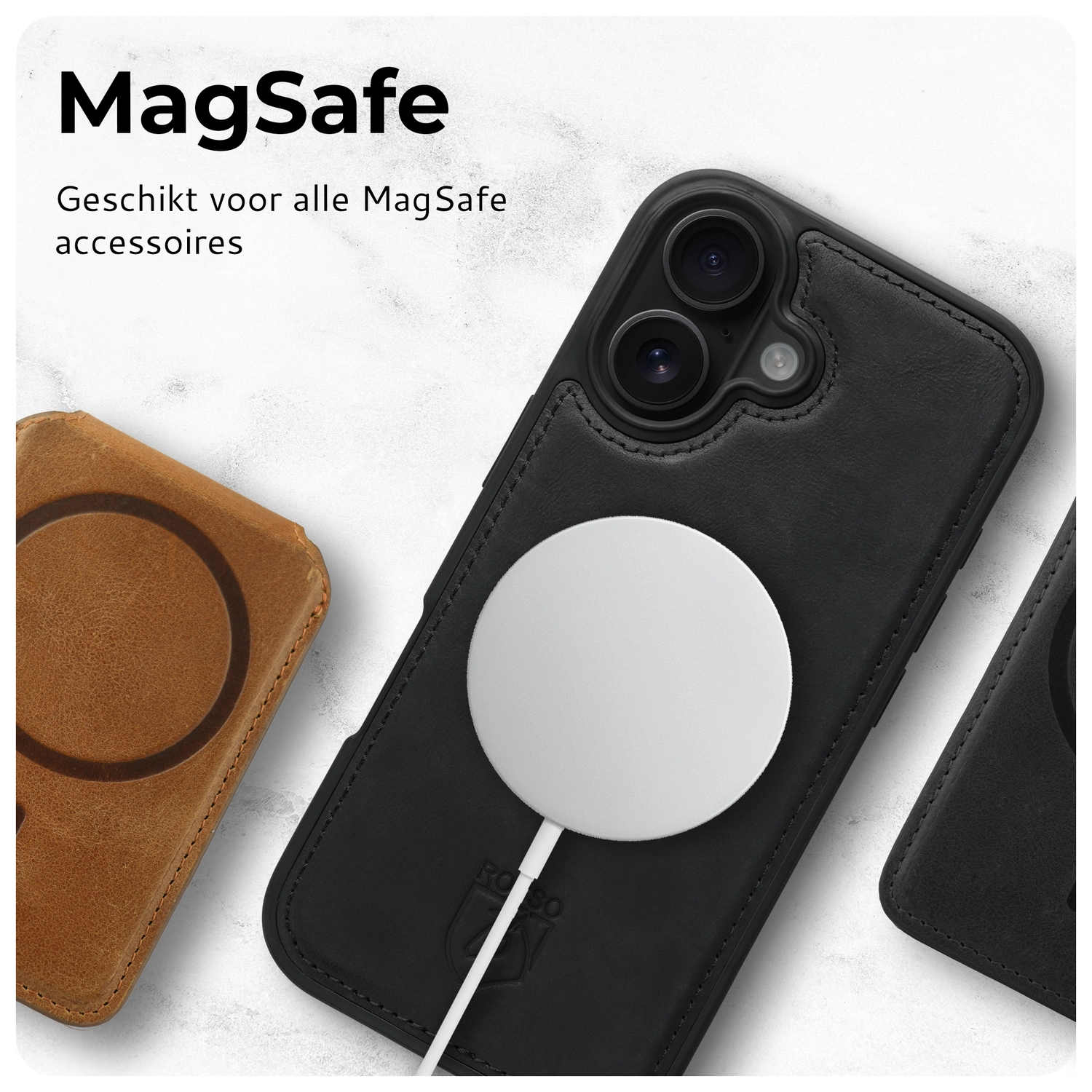 Rosso Elite iPhone 14 Hoesje MagSafe Book Case Echt Leer Zwart afbeelding 8