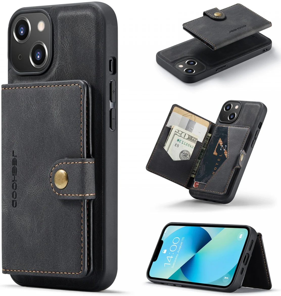 CaseMe JH-01 Apple iPhone 15 Hoesje met Magnetische Kaarthouder Zwart afbeelding 2