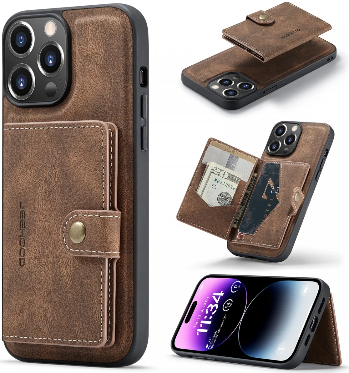 CaseMe JH-01 Apple iPhone 15 Pro Hoesje Magnetische Kaarthouder Bruin afbeelding 2