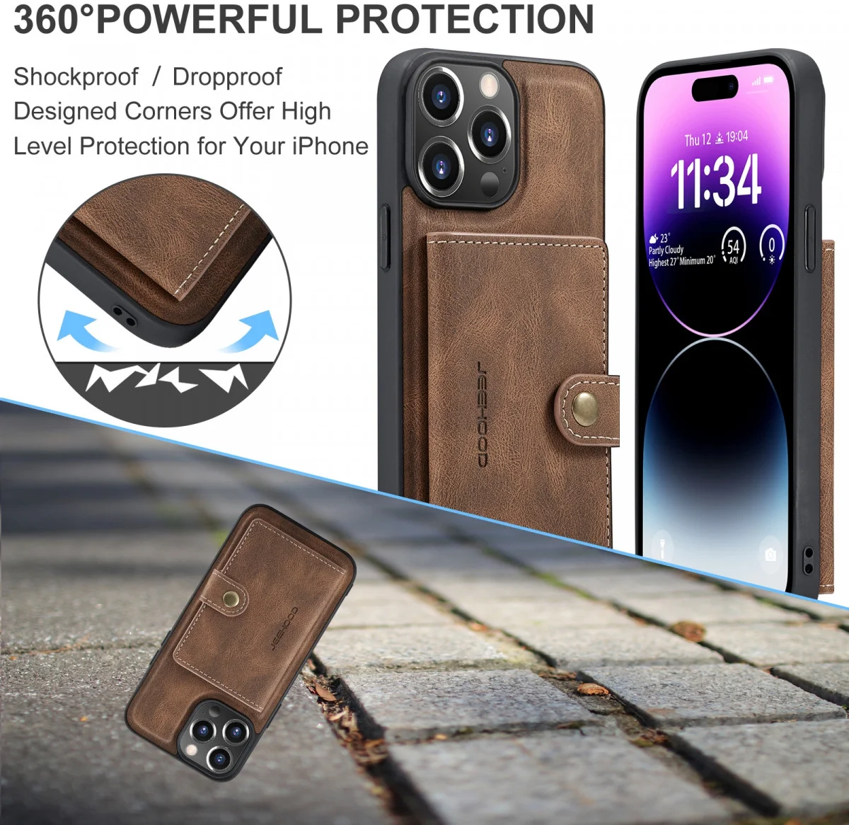 CaseMe JH-01 Apple iPhone 15 Pro Hoesje Magnetische Kaarthouder Bruin afbeelding 4