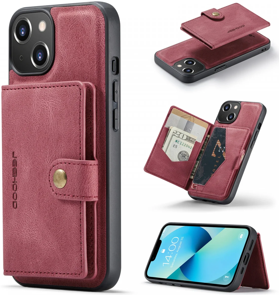 CaseMe JH-01 Apple iPhone 14 Hoesje met Magnetische Kaarthouder Rood afbeelding 4