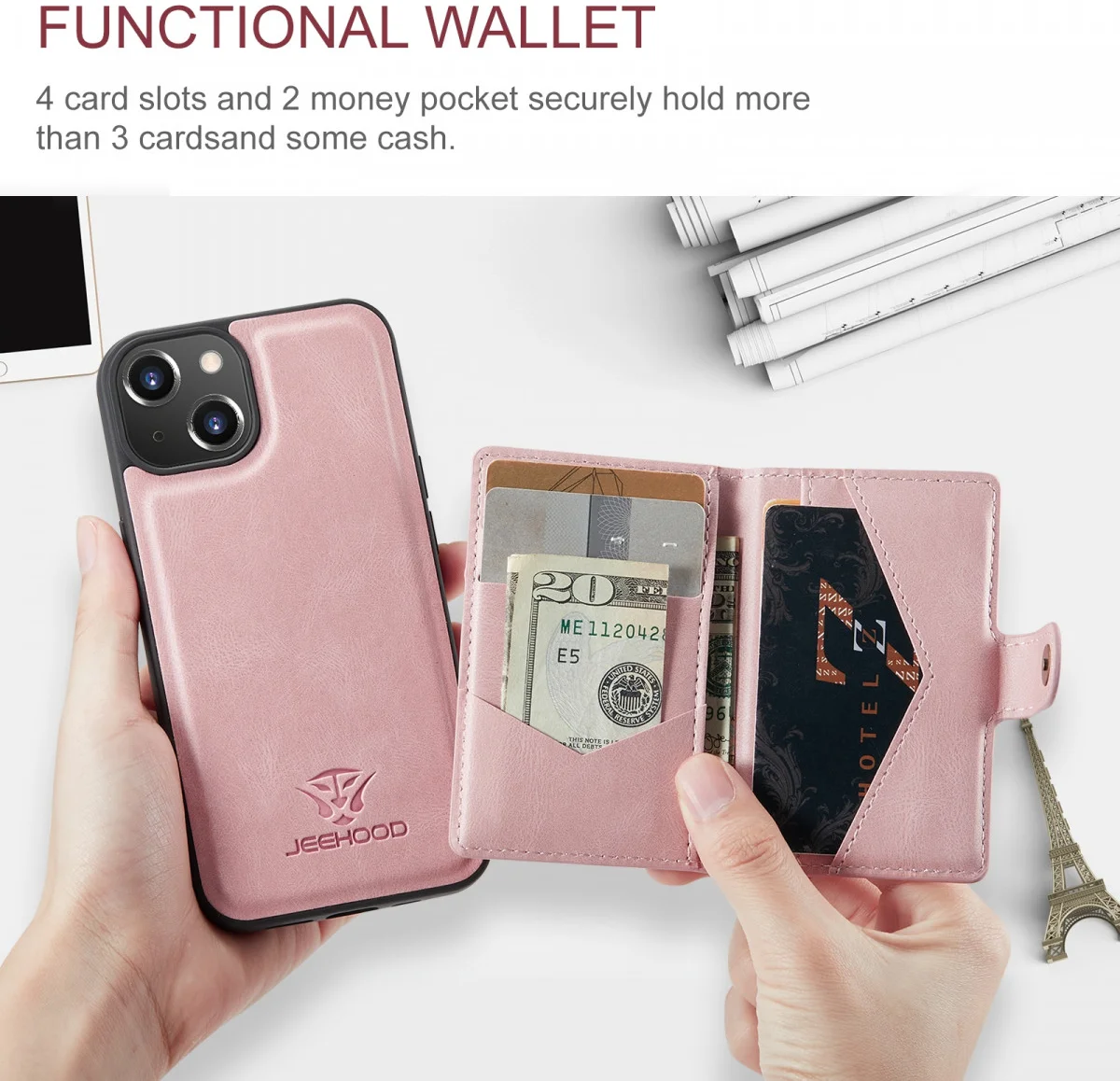 CaseMe JH-01 Apple iPhone 15 Hoesje met Magnetische Kaarthouder Roze afbeelding 3
