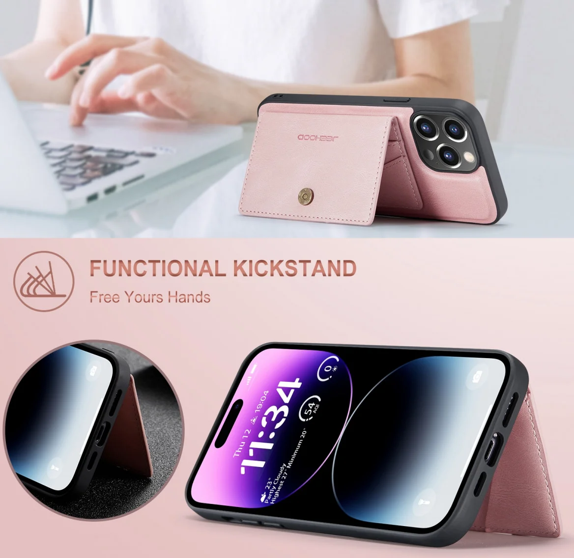 CaseMe JH-01 Apple iPhone 15 Pro Hoesje Magnetische Kaarthouder Roze afbeelding 8