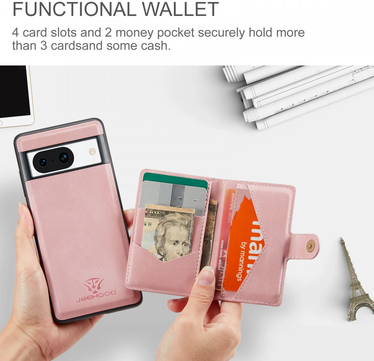 CaseMe JH-01 Google Pixel 8a Hoesje met Magnetische Kaarthouder Roze afbeelding 3