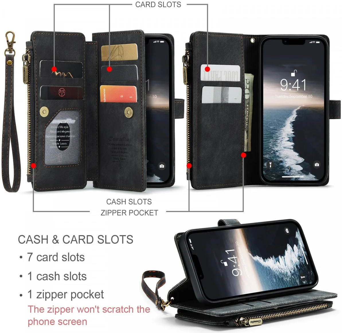 CaseMe C30 Apple iPhone 15 Hoesje Pasjeshouder Book Case Zwart afbeelding 3