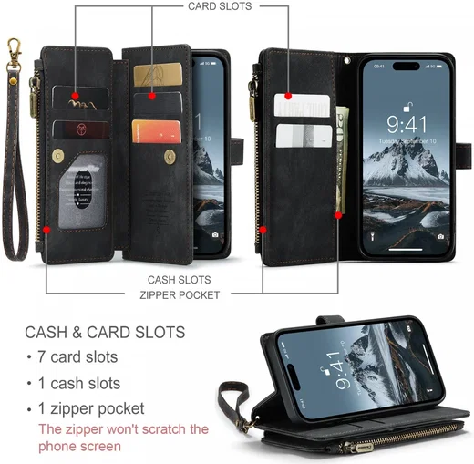 CaseMe C30 Apple iPhone 15 Pro Hoesje Pasjeshouder Book Case Zwart afbeelding 3