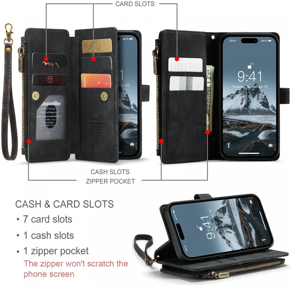 CaseMe C30 Apple iPhone 15 Pro Max Hoesje Pasjeshouder Book Case Zwart afbeelding 3
