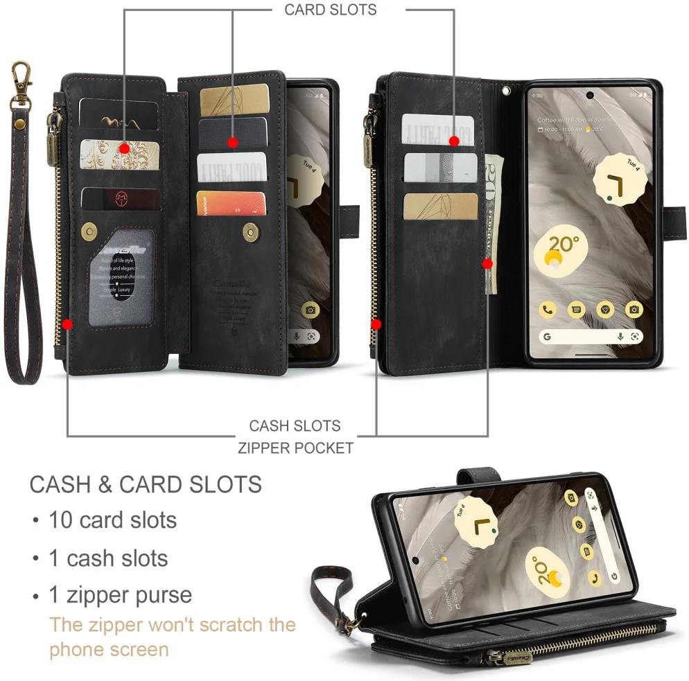 CaseMe C30 Google Pixel 7a Hoesje Pasjeshouder Book Case Zwart afbeelding 3