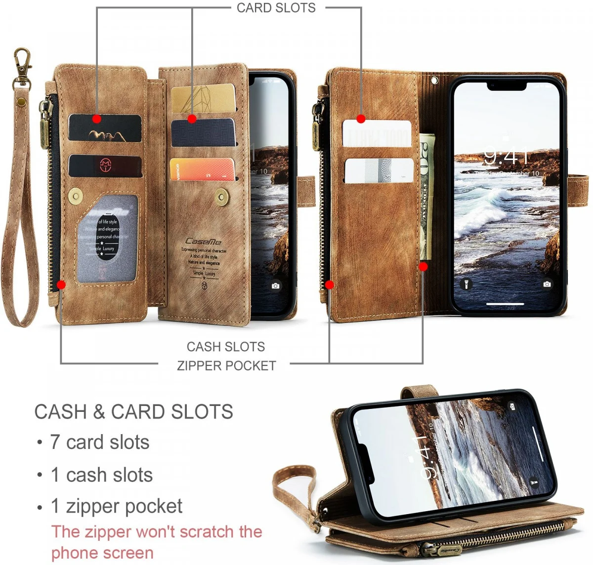 CaseMe C30 Apple iPhone 15 Hoesje Pasjeshouder Book Case Bruin afbeelding 2