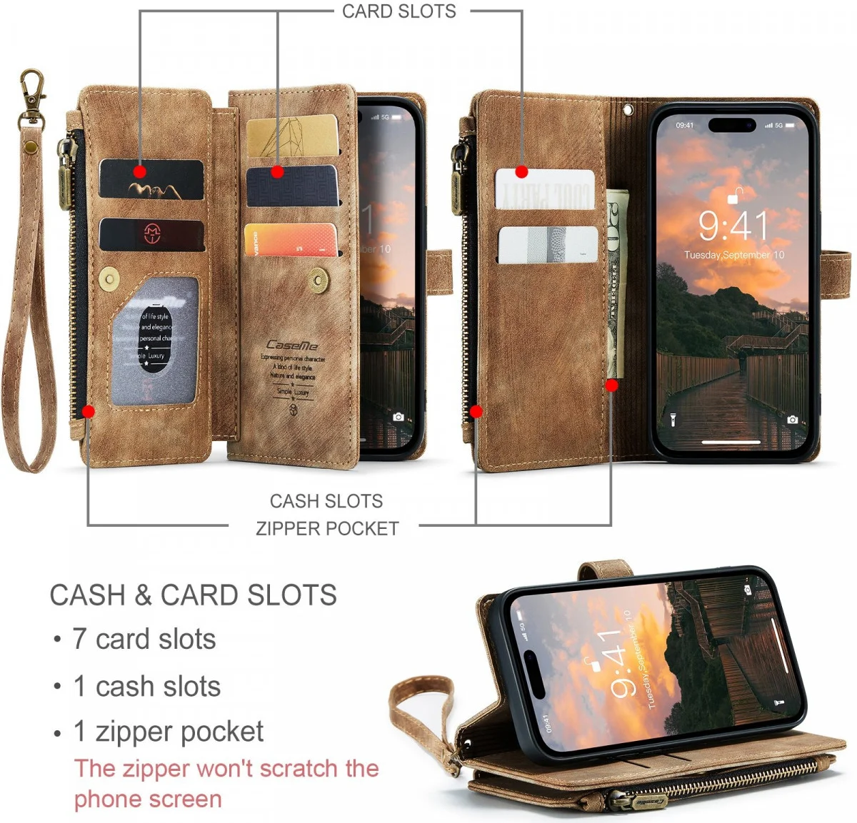 CaseMe C30 Apple iPhone 15 Pro Max Hoesje Pasjeshouder Book Case Bruin afbeelding 3