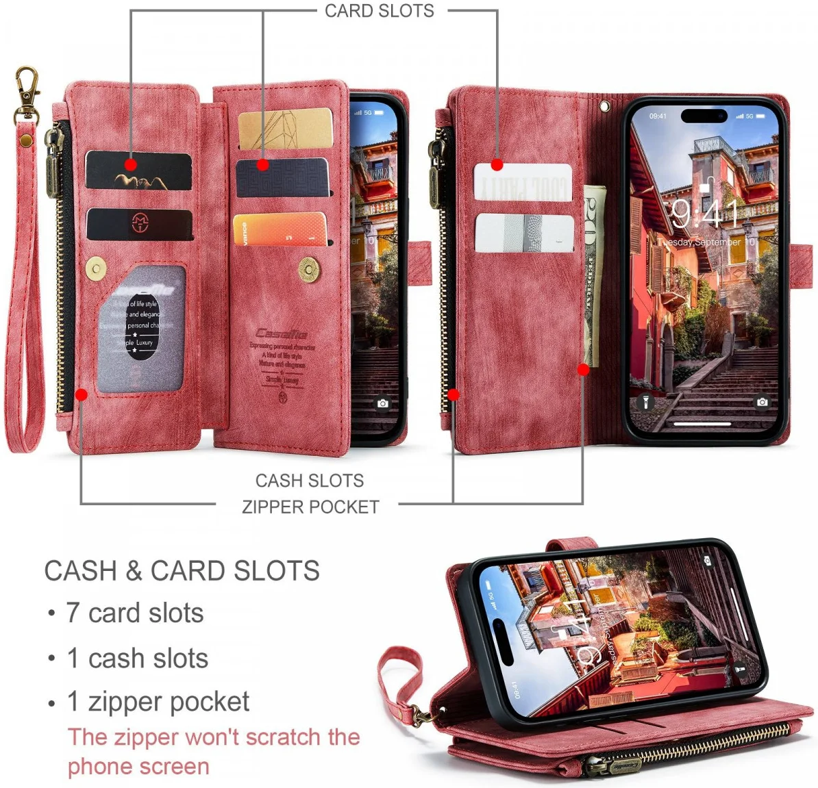 CaseMe C30 Apple iPhone 15 Pro Max Hoesje Pasjeshouder Book Case Rood afbeelding 3