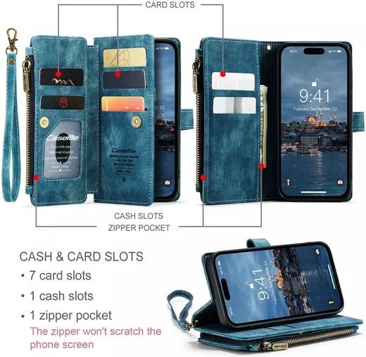 CaseMe C30 Apple iPhone 15 Pro Max Hoesje Pasjeshouder Book Case Blauw afbeelding 3