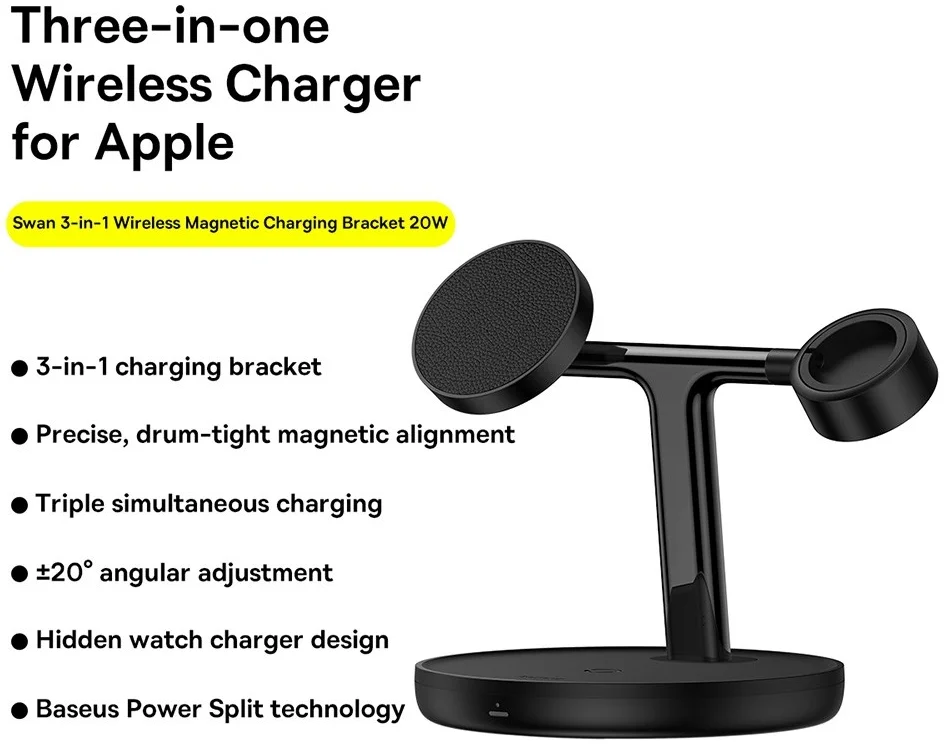 Baseus 3-in-1 Station 20W Draadloze Oplader iPhone/AirPods/Watch Zwart afbeelding 3