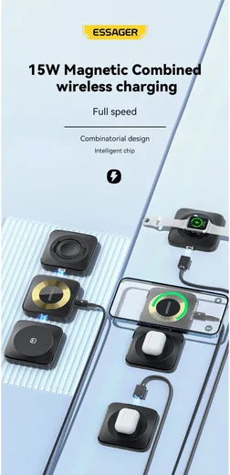 Essager 3-in-1 Opvouwbare Draadloze Lader iPhone/AirPods/Watch Zwart afbeelding 3