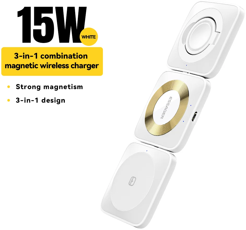 Essager 3-in-1 Opvouwbare Draadloze Lader iPhone/AirPods/Watch Wit afbeelding 1