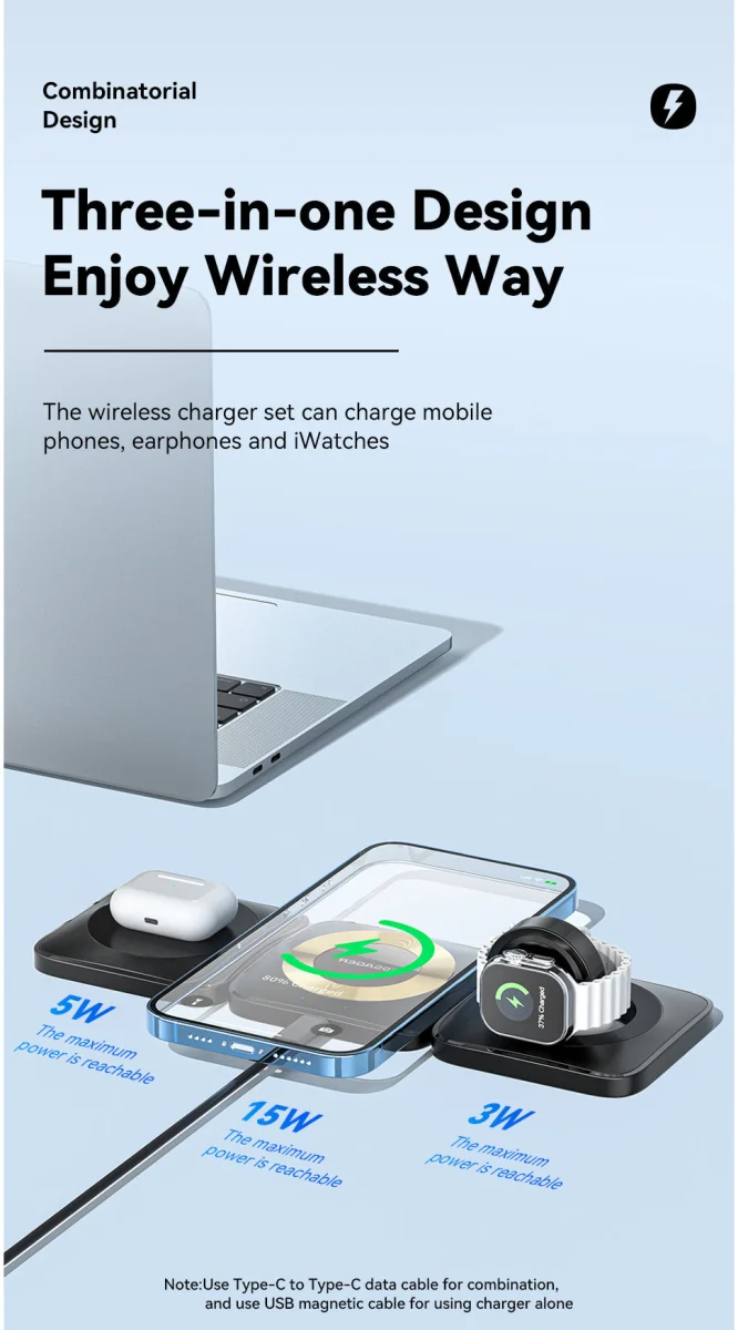 Essager 3-in-1 Opvouwbare Draadloze Lader iPhone/AirPods/Watch Wit afbeelding 3