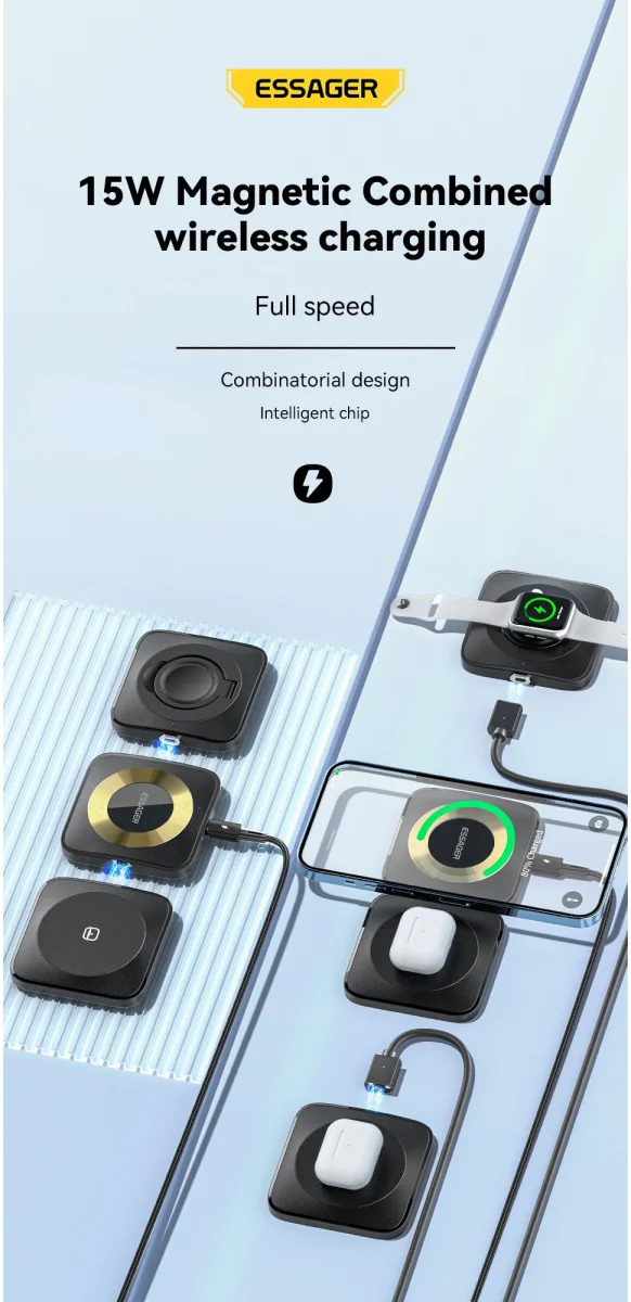 Essager 3-in-1 Opvouwbare Draadloze Lader iPhone/AirPods/Watch Wit afbeelding 4