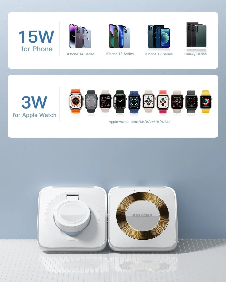 Essager 15W Opvouwbare MagSafe Lader iPhone en Apple Watch Wit afbeelding 7