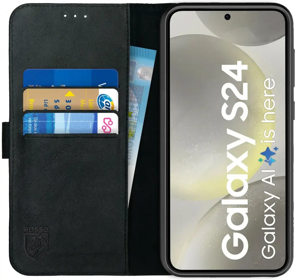 Rosso Deluxe Samsung Galaxy S24 Hoesje Echt Leer Book Case Zwart afbeelding 1