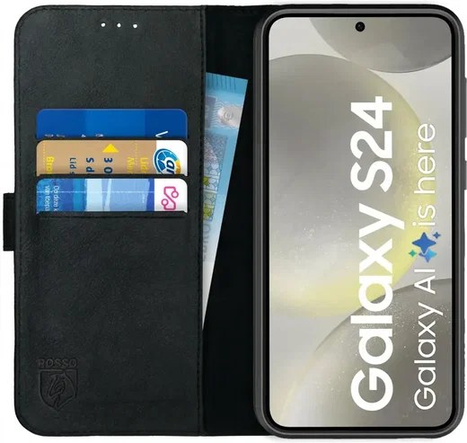 Rosso Deluxe Samsung Galaxy S24 Hoesje Echt Leer Book Case Zwart afbeelding 1