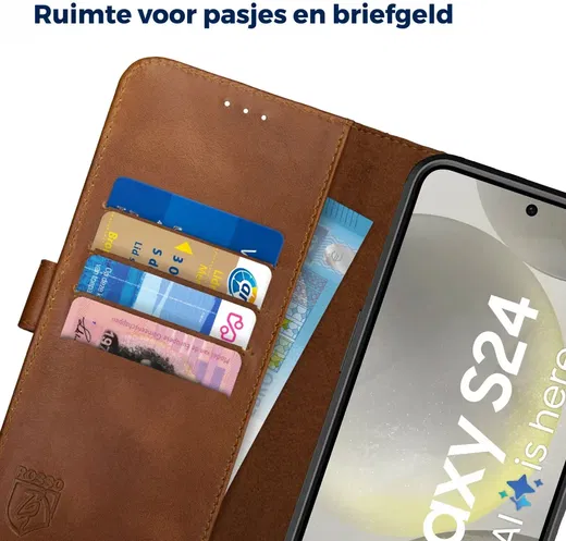 Rosso Deluxe Samsung Galaxy S24 Plus Hoesje Echt Leer Book Case Bruin afbeelding 6