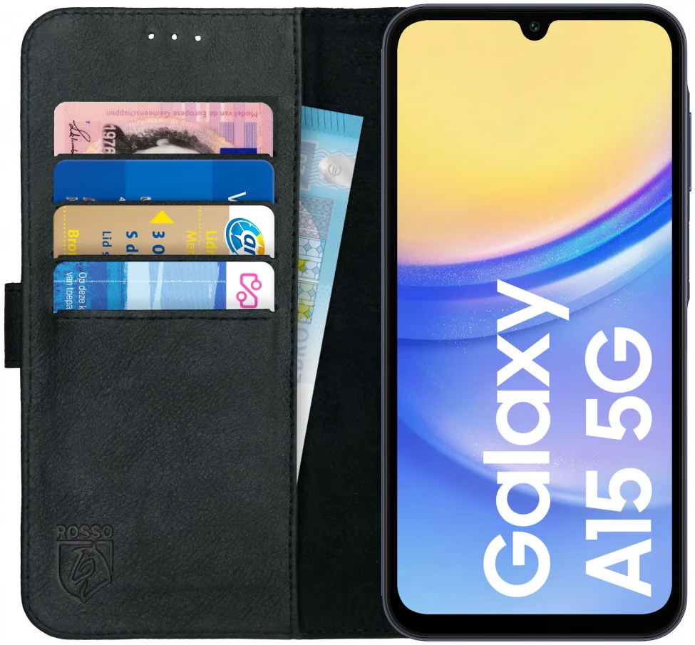 Rosso Deluxe Samsung Galaxy A15 Hoesje Echt Leer Book Case Zwart afbeelding 1
