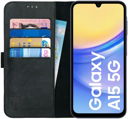 Rosso Deluxe Samsung Galaxy A15 Hoesje Echt Leer Book Case Zwart afbeelding 1