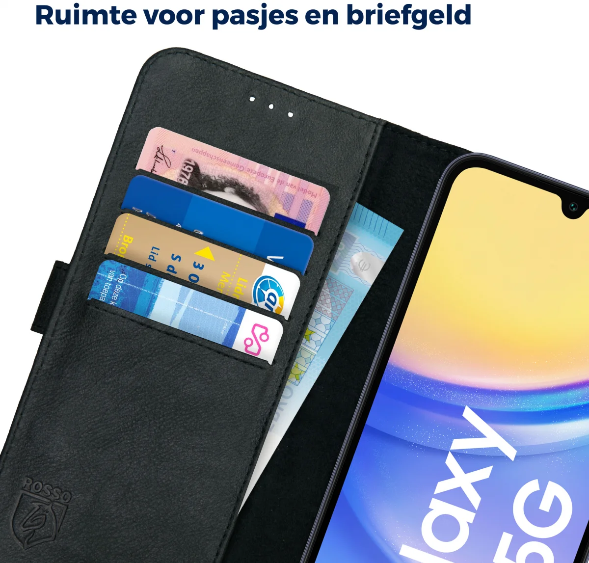 Rosso Deluxe Samsung Galaxy A15 Hoesje Echt Leer Book Case Zwart afbeelding 7