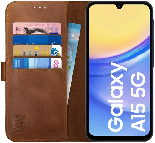 Rosso Deluxe Samsung Galaxy A15  Hoesje Echt Leer Book Case Bruin afbeelding 1