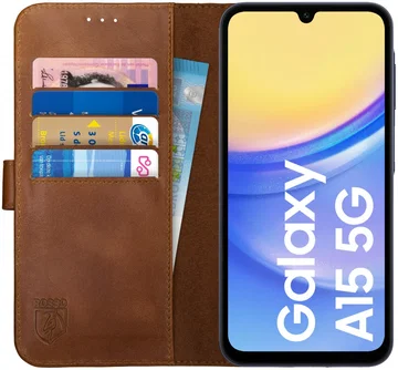 Rosso Deluxe Samsung Galaxy A15  Hoesje Echt Leer Book Case Bruin