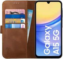 Rosso Deluxe Samsung Galaxy A15  Hoesje Echt Leer Book Case Bruin afbeelding