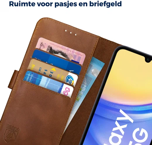 Rosso Deluxe Samsung Galaxy A15  Hoesje Echt Leer Book Case Bruin afbeelding 7