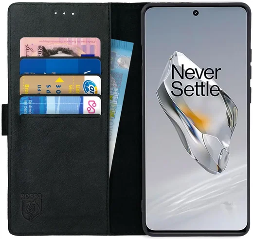 Rosso Deluxe OnePlus 12 Hoesje Echt Leer Book Case Zwart afbeelding 1