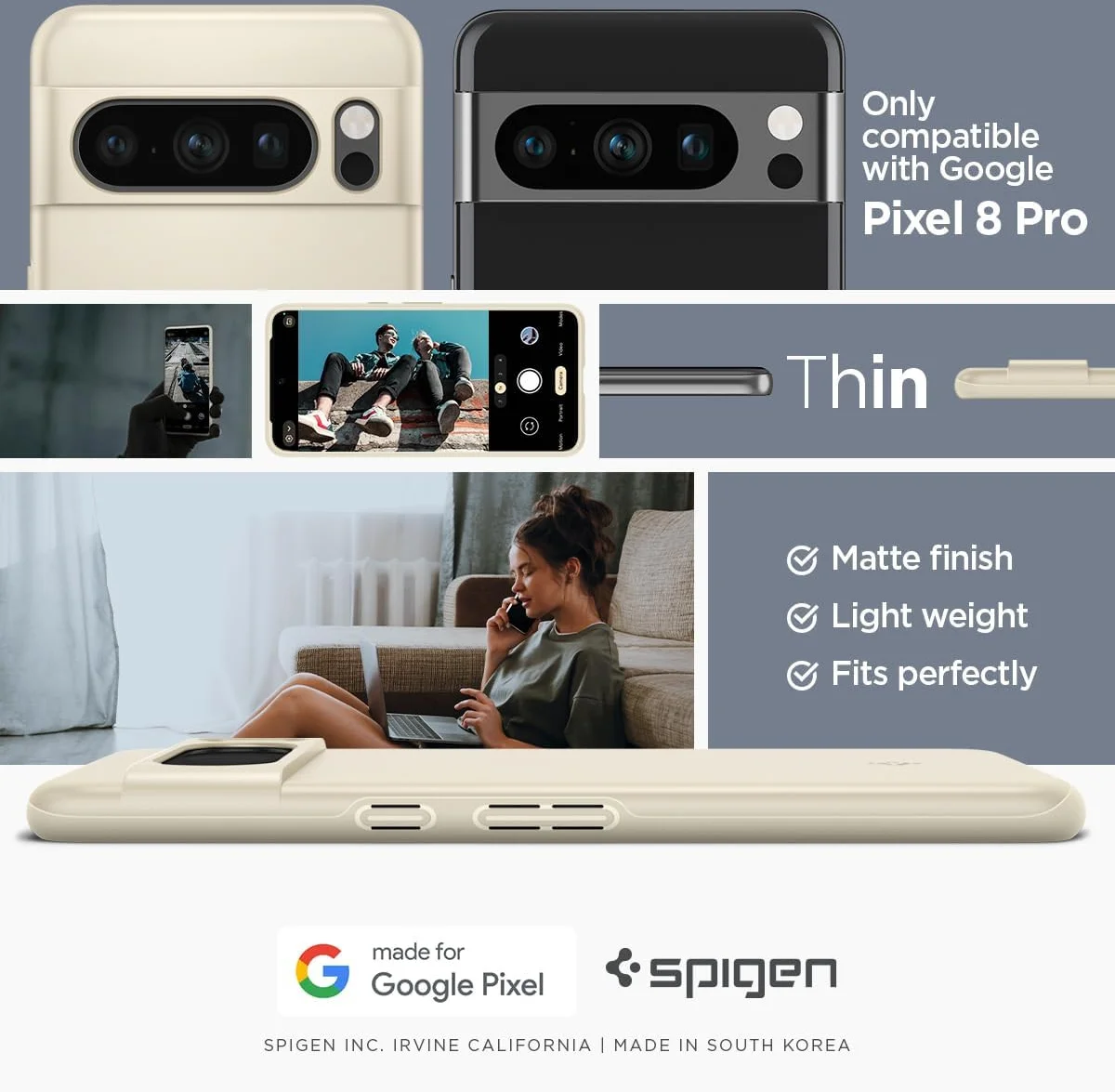 Spigen Thin Fit Google Pixel 8 Pro Hoesje Back Cover Beige afbeelding 2