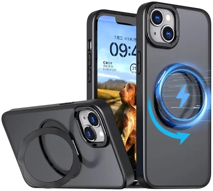 iPhone 15 Plus Hoesje Magnetische Kickstand Back Cover Zwart afbeelding 1