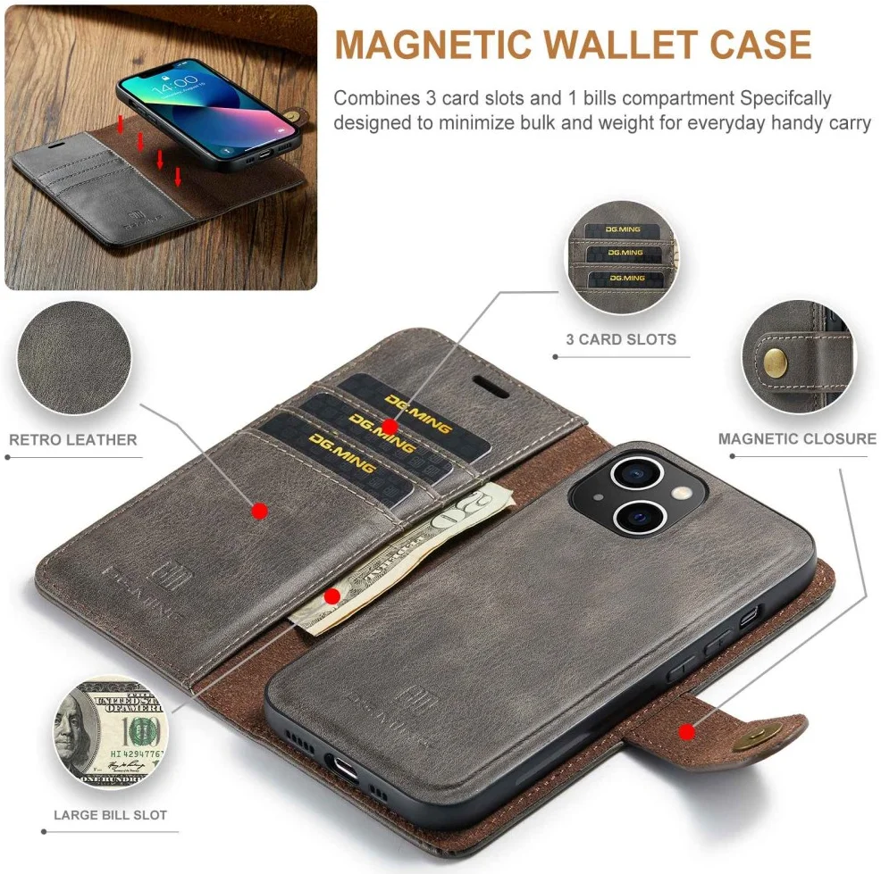 DG Ming Apple iPhone 15 Hoesje 2-in-1 Book Case en Back Cover Grijs afbeelding 4