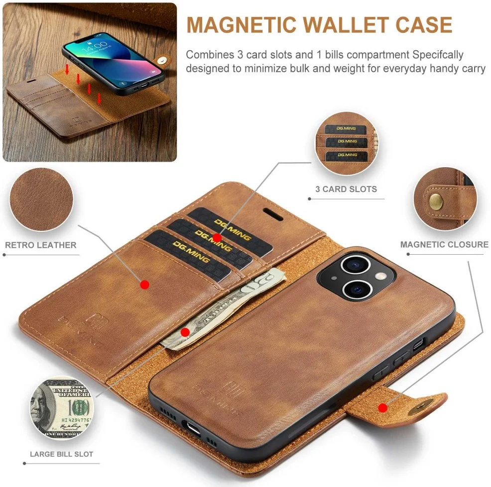DG Ming Apple iPhone 15 Hoesje 2-in-1 Book Case en Back Cover Bruin afbeelding 6