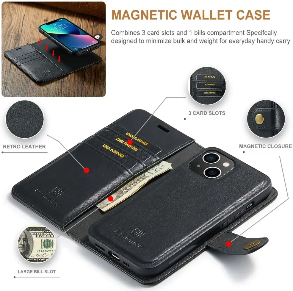 DG Ming Apple iPhone 15 Plus Hoesje Retro Wallet Book Case Zwart afbeelding 4