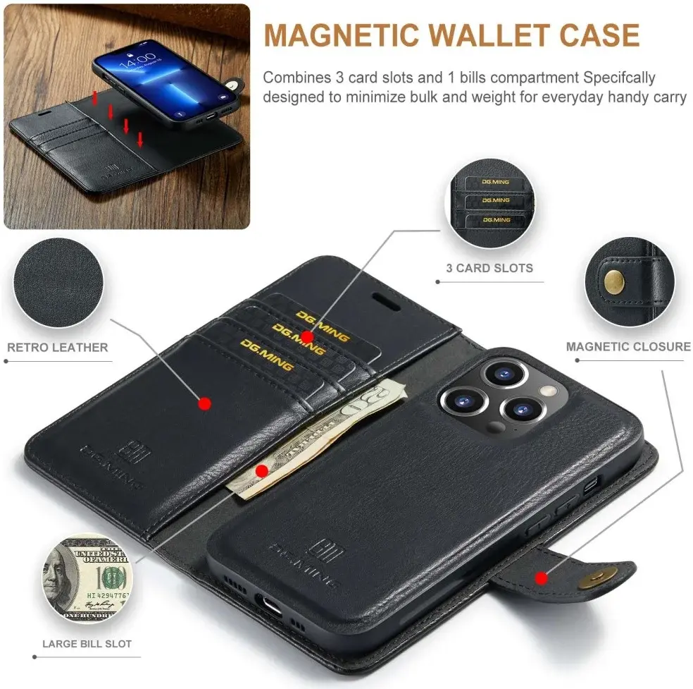 DG Ming Apple iPhone 15 Pro Hoesje Retro Wallet Book Case Zwart afbeelding 4