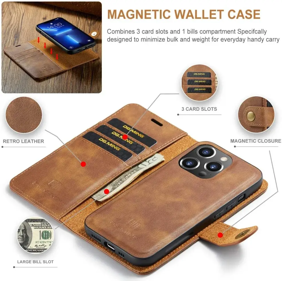 DG Ming Apple iPhone 15 Pro Max Hoesje Retro Wallet Book Case Bruin afbeelding 4