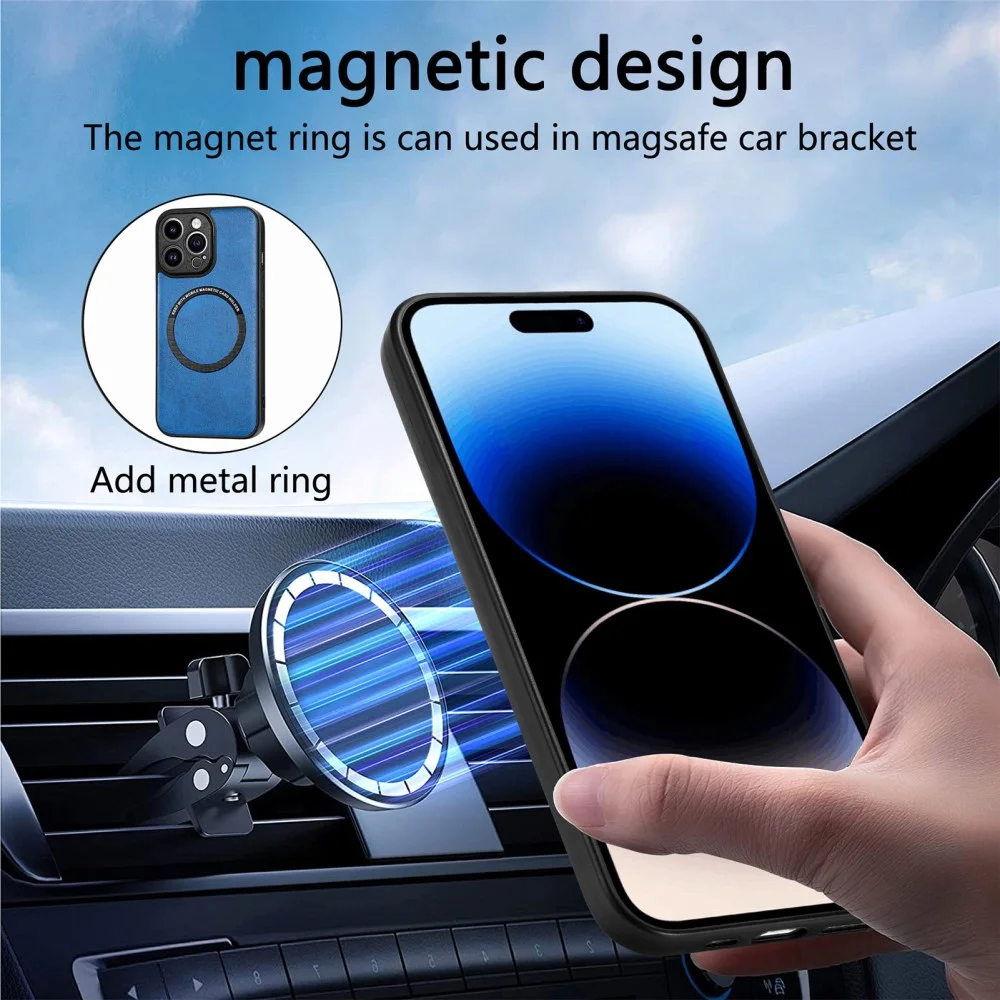 Apple iPhone 15 Pro Max Hoesje MagSafe Kunstleer Back Cover Blauw afbeelding 7
