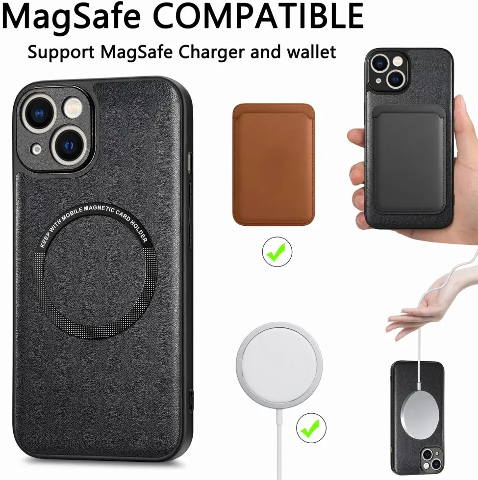 Apple iPhone 15 Plus Hoesje MagSafe Kunstleer Back Cover Zwart afbeelding 2