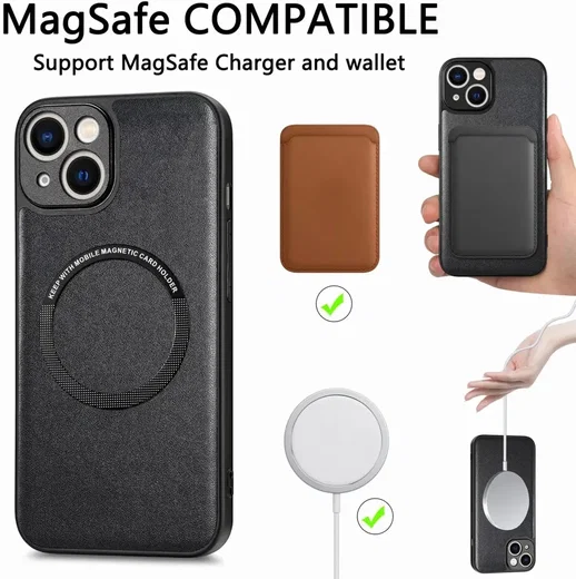 Apple iPhone 15 Plus Hoesje MagSafe Kunstleer Back Cover Zwart afbeelding 2